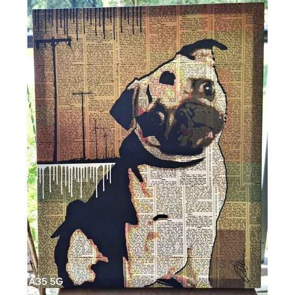Artsy Vintage Dog Print On Newspaper Canvas Art Pug Retro Cozy Wall - Picture 1 of 5